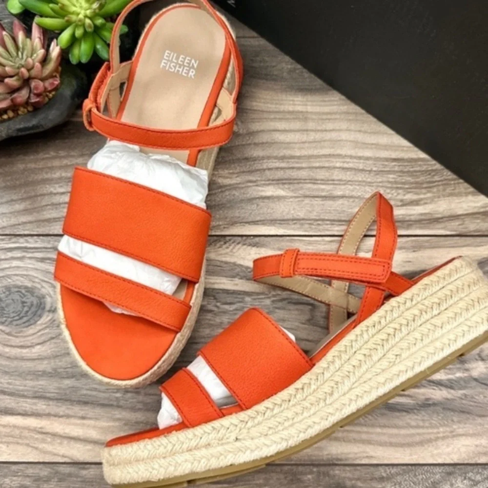 Strappy Leather Platform Sandal Tangelo 8M Eileen Fisher fall $200 casual